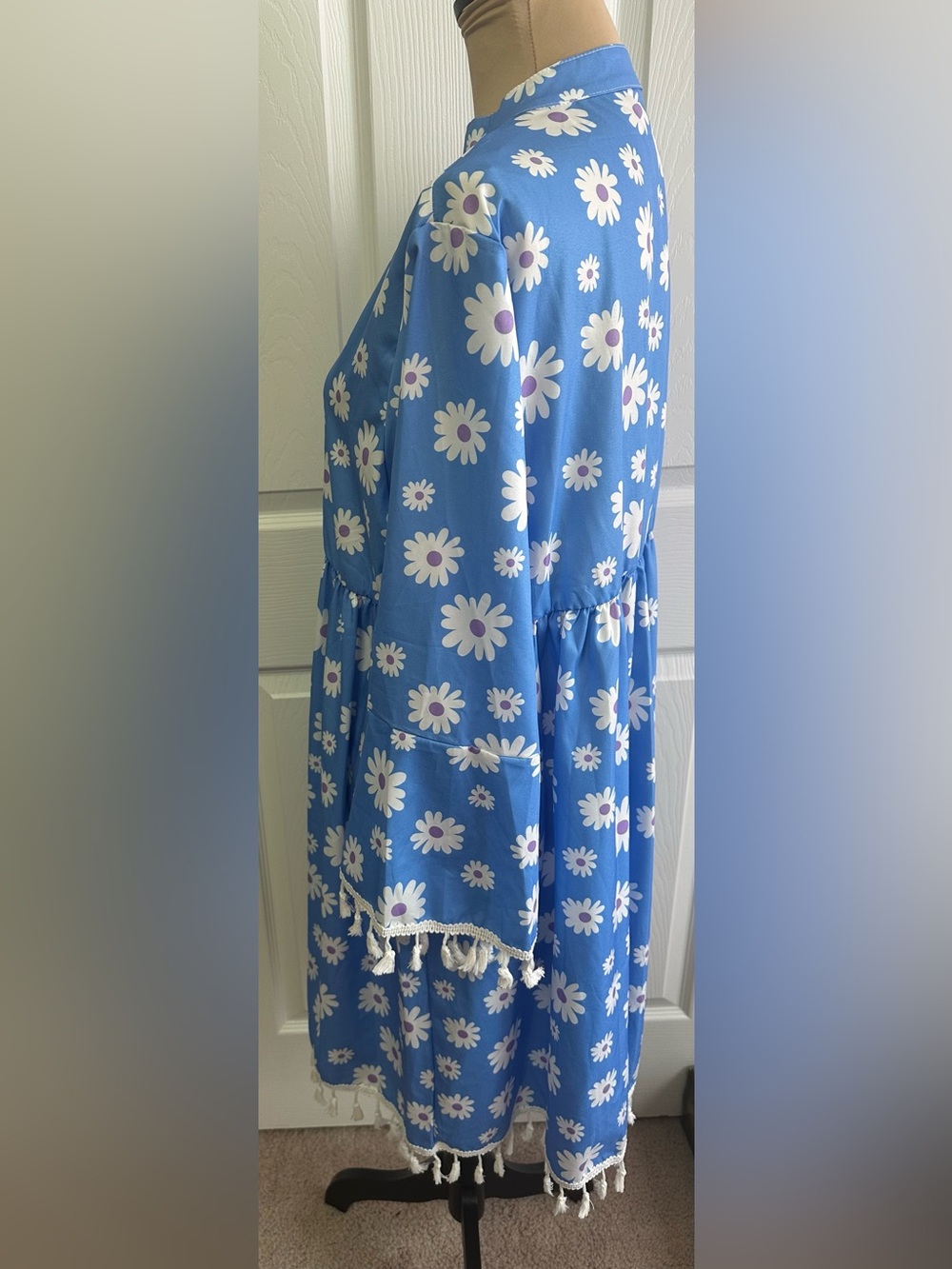 Blue Daisy Print Mini Dress with Tassel Tie - Picture 3 of 7